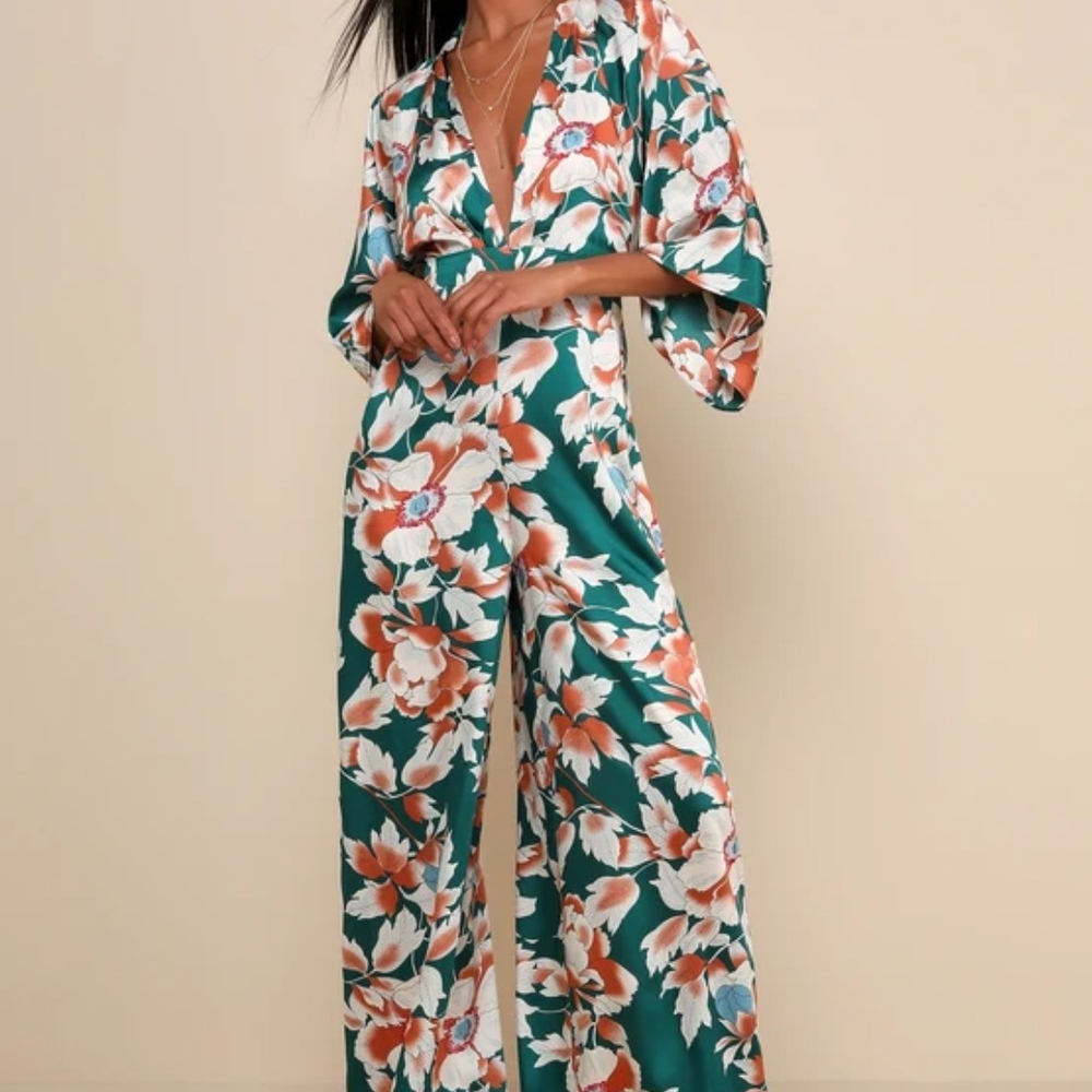 Lulu's Green and Orange Floral Jumpsuit Wrap Style